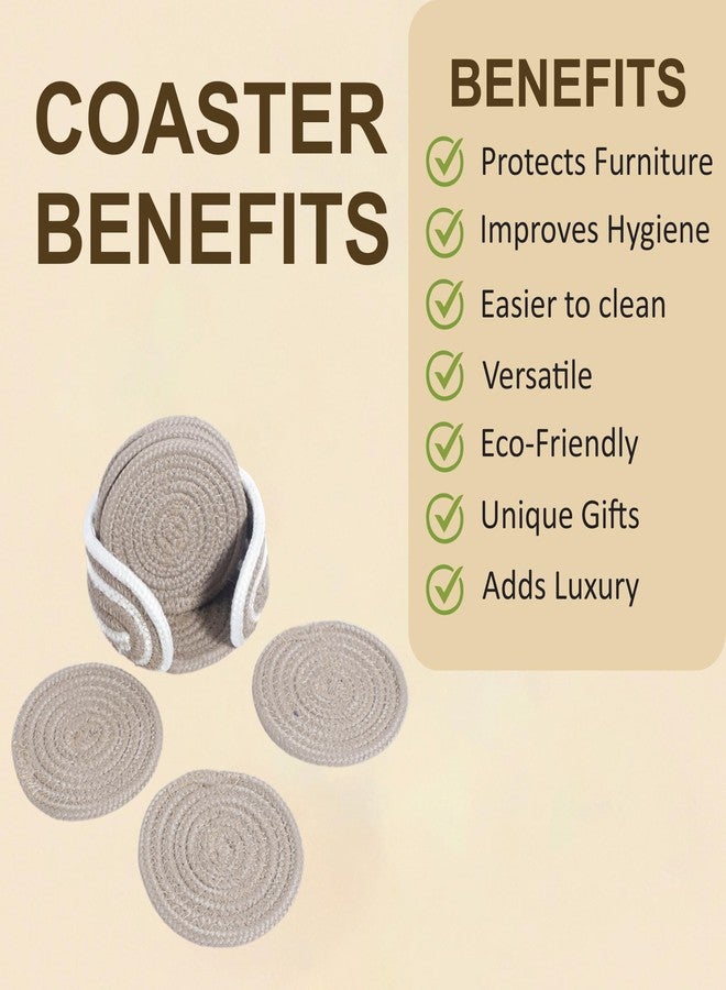 AURKA Handmade Cotton Coaster Set of 6 with Holder (Beige, 10 cm)|Round Braided Drink Mats for Hot & Cold Beverages|Eco-Friendly Absorbent Table Protectors|Decorative Tea, Coffee & Dining Coasters - Image 4